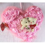 Pink Satin Roses Plush Heart with Love Couple Teddy Bears